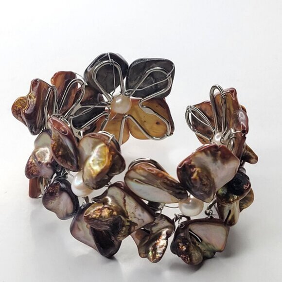 Brown Cuff Bracelet Freshwater Pearl and Mother Of Pearl Bangle NEW - Picture 8 of 9